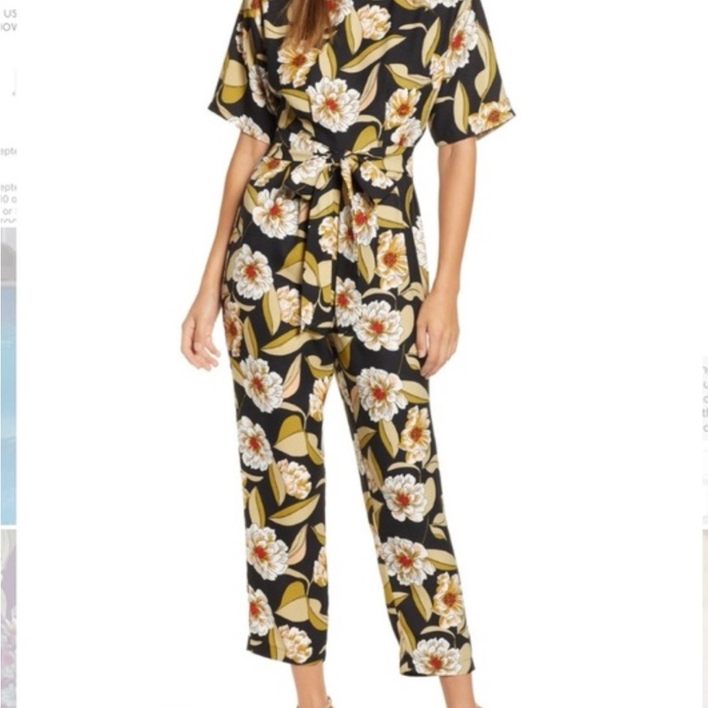 Leith Aubrey Floral Print Jumpsuit Pants Belted Black Art Women Size‎ Small #cc